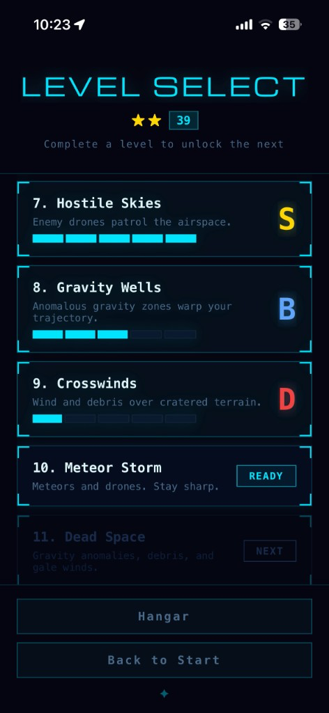 Level select screen showing Hostile Skies S-rank and more missions